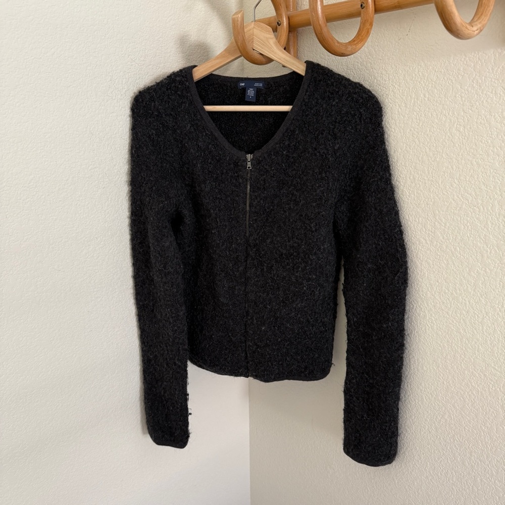 Gap Charcoal Long Sleeve Full Zip Scoop Neck Alpaca Wool Jacket sweater stretch